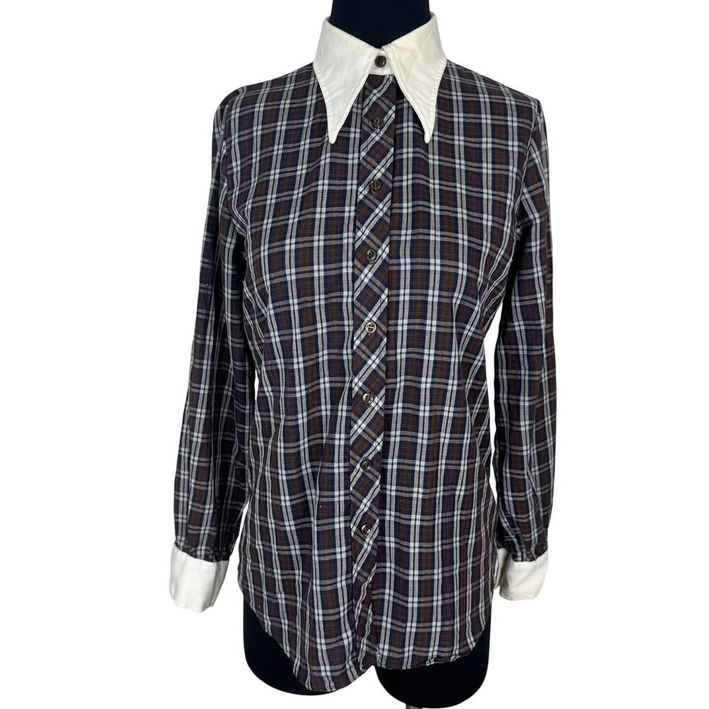 Vtg 70s Bobbie Brooks Dagger Collar Plaid Button Down Shirt Brown Contrast Cuff